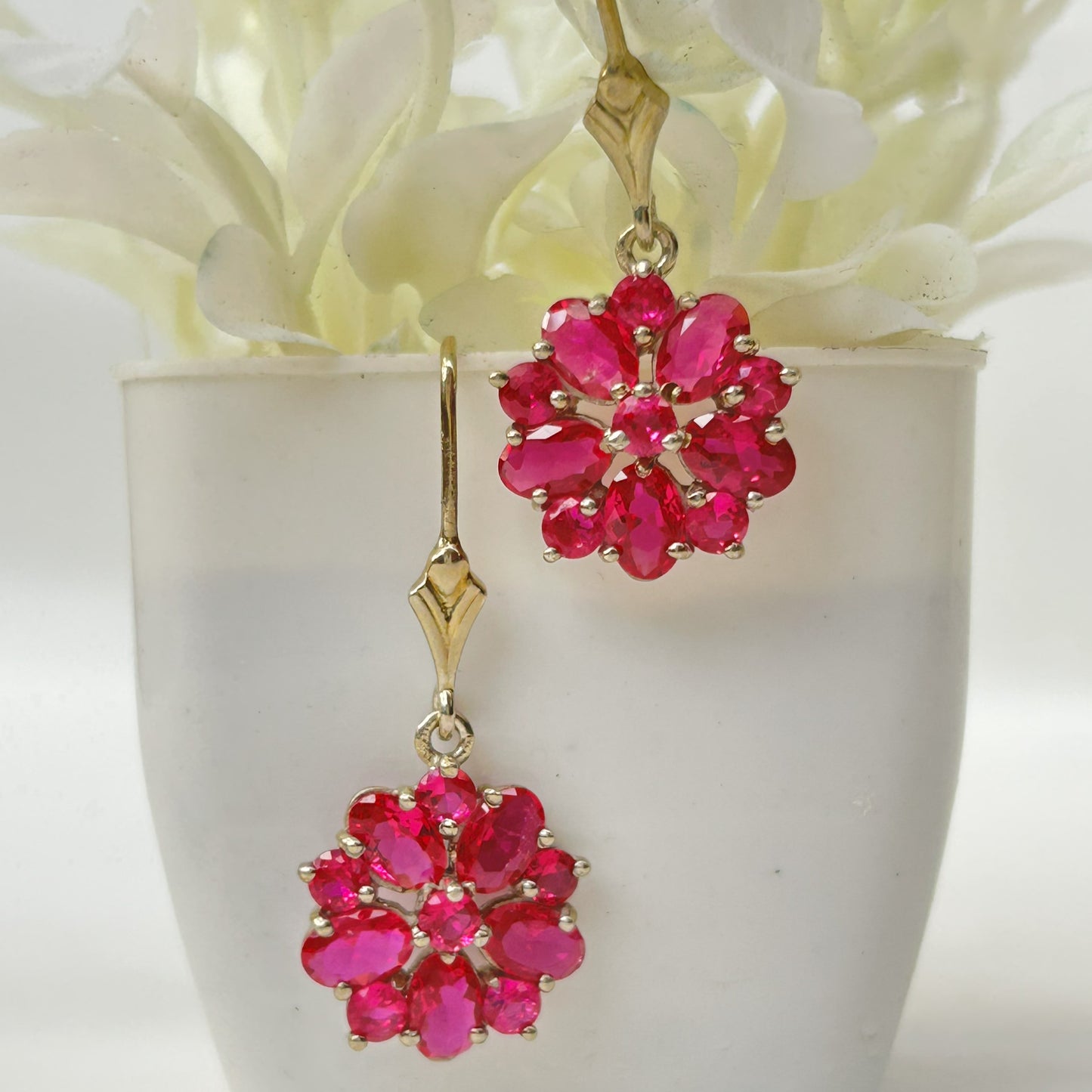 Pink Floral Earrings-Silver Dangle Earrings