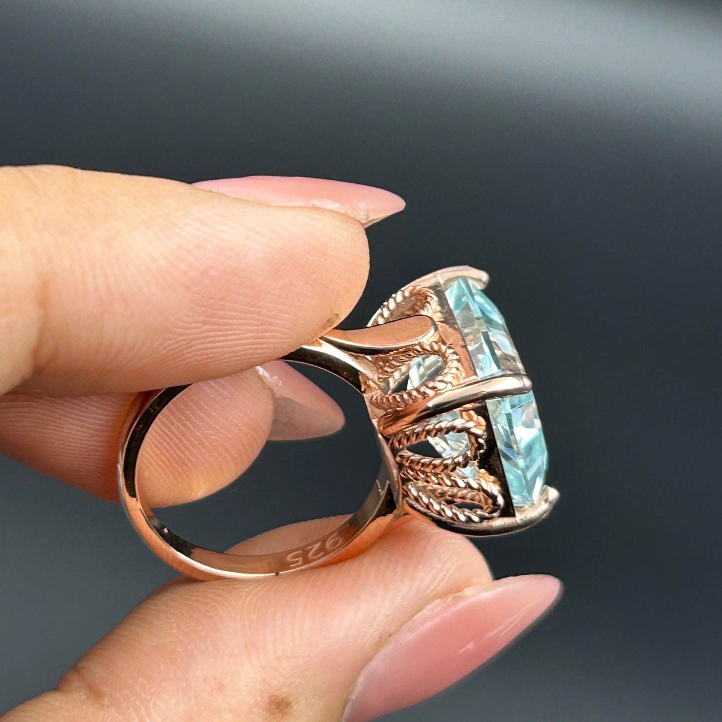 Rose Gold Aquamarine Ring - Pure Silver