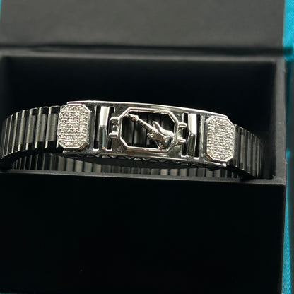 Guitar Pure Silver Men's Bracelet - Black Belt (Free Size)