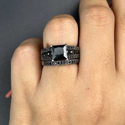 Black Gold Ring Set - Silver Bridal Ring Set