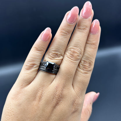 Black Gold Ring Set - Silver Bridal Ring Set