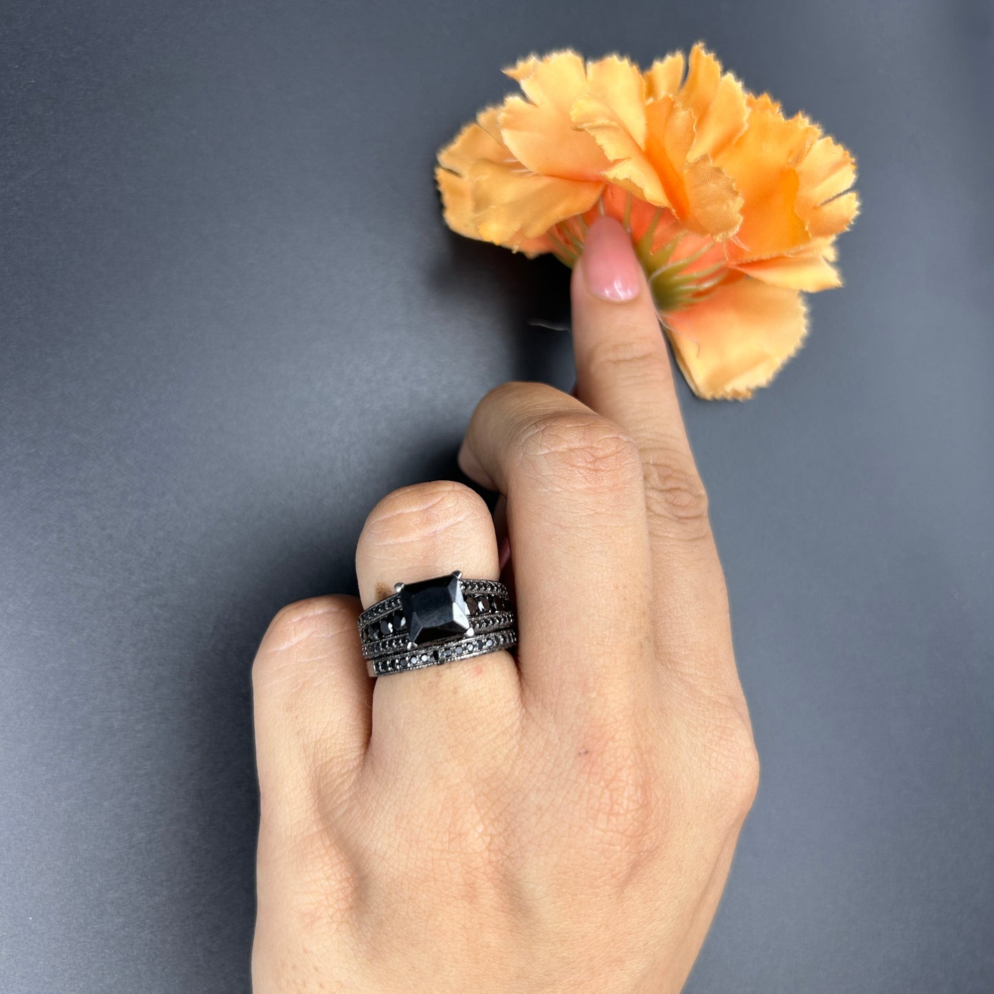 Black Gold Ring Set - Silver Bridal Ring Set