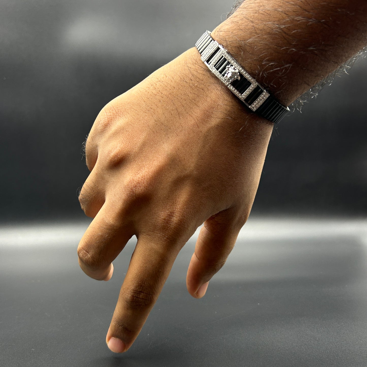 Silver Men's Bracelet - Black Belt