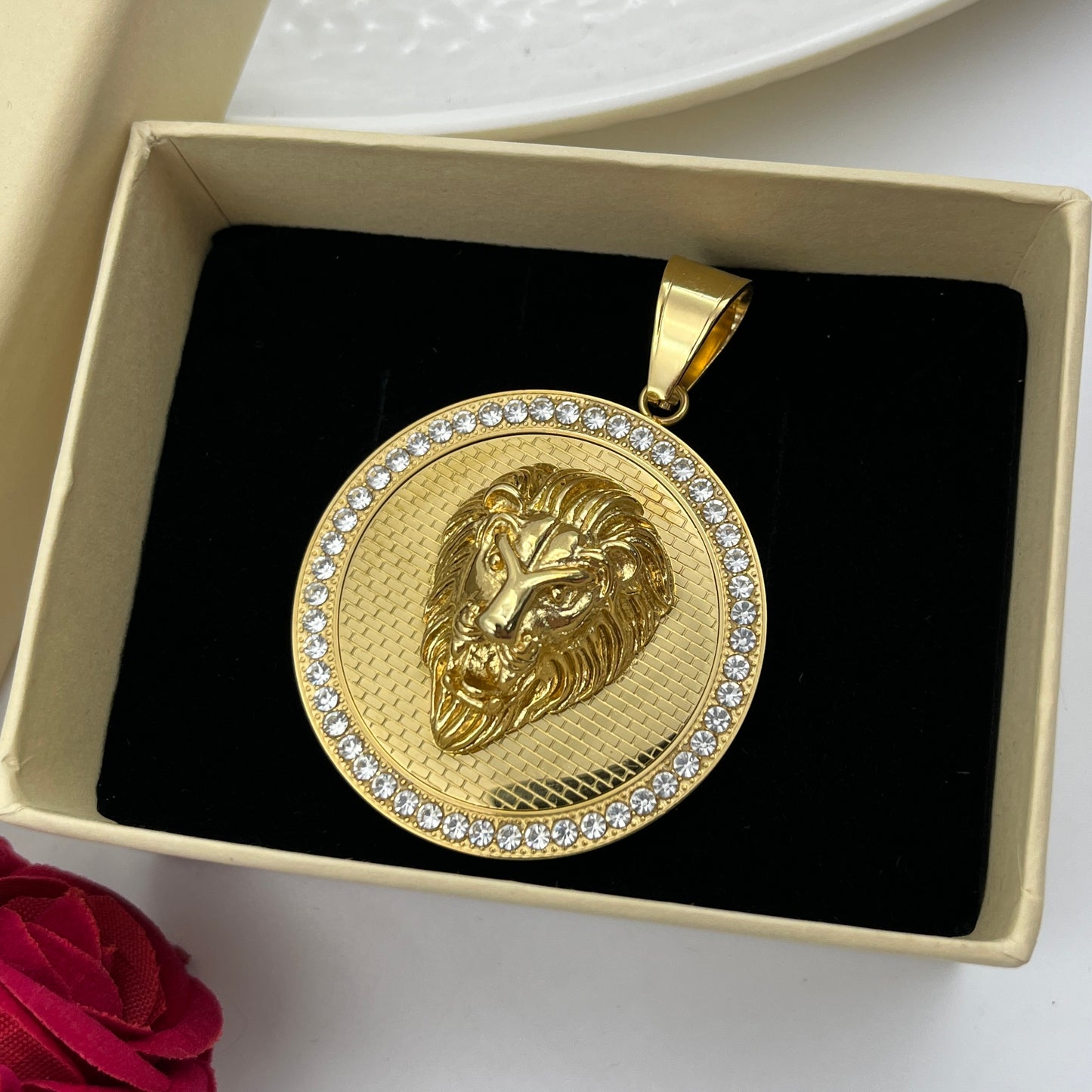 Diamond Lion Face Pendant - Stainless Steel