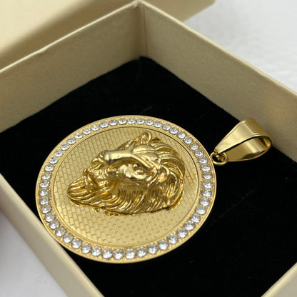 Diamond Lion Face Pendant - Stainless Steel