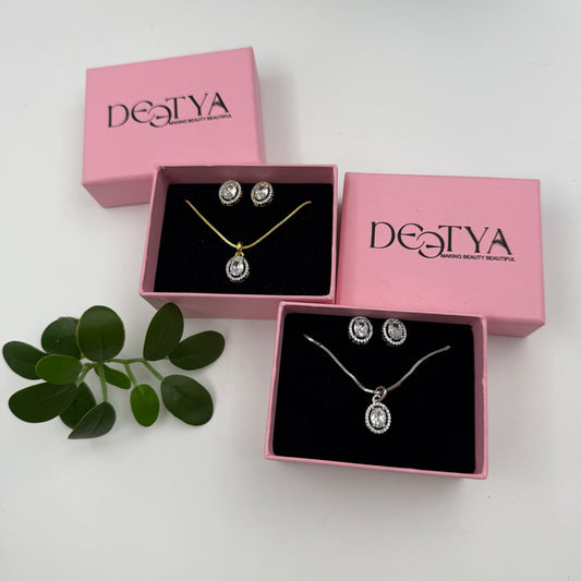 Pendant Set Oval Cut - 18k Gold Plated Solitaire Pendant with Earrings