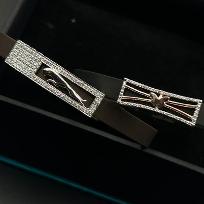 Rose Gold Pure Silver Couple Bracelet - Brown Band