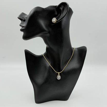 Pendant Set Oval Cut - 18k Gold Plated Solitaire Pendant with Earrings
