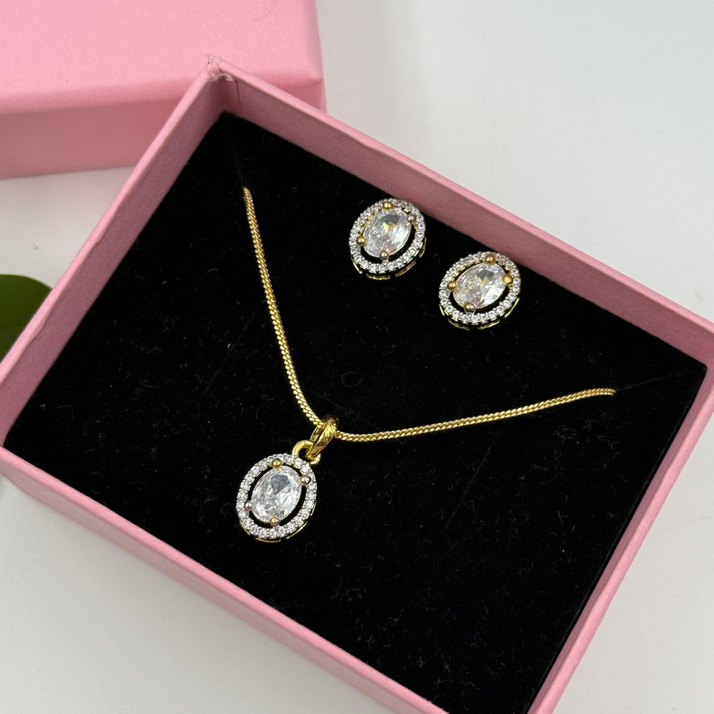 Pendant Set Oval Cut - 18k Gold Plated Solitaire Pendant with Earrings