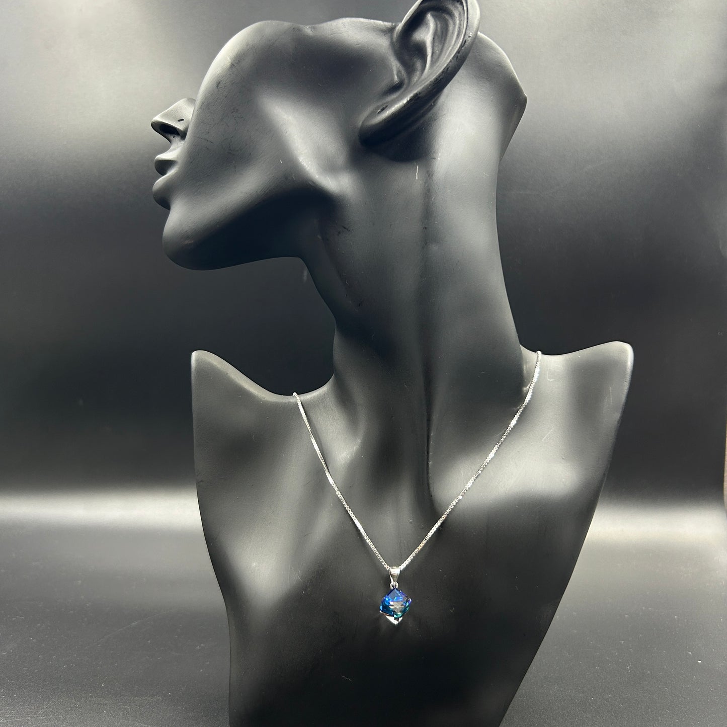 Blue and White Crystal Pendant - Silver Pendant and Chain