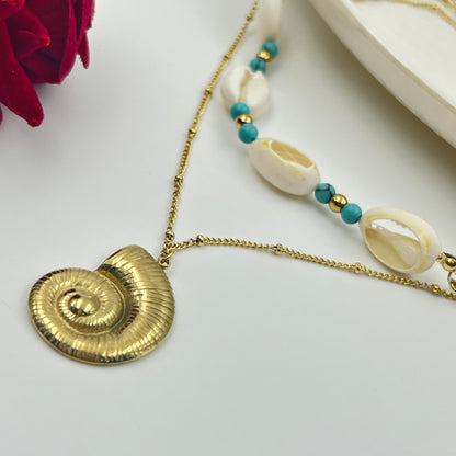 Double  Layered Shell necklace 18k Yellow Gold Plated