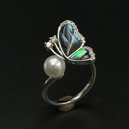 Pearl Butterfly Ring 18k White Gold Plated