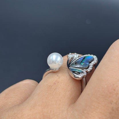 Pearl Butterfly Ring 18k White Gold Plated