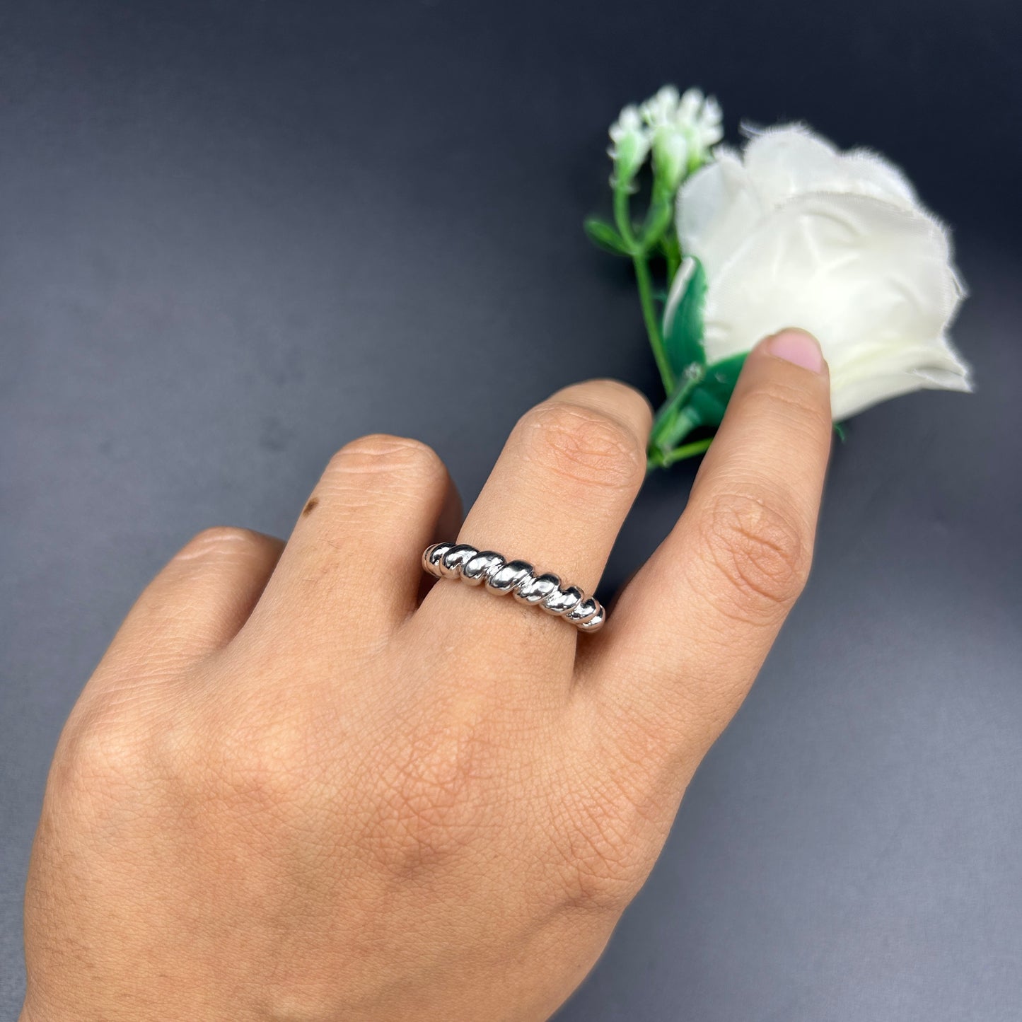 Beaded Ring 18k White Gold Plated